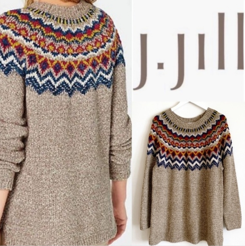 J. Jill Fair Isle Cotton Tunic Sweater sz XL Fisherman